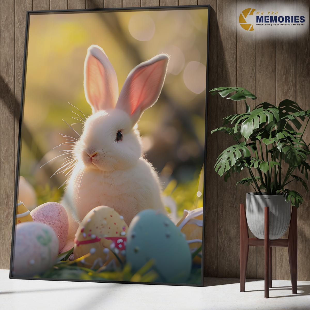 Framed picture of a rabbit with Easter eggs on a wooden wall, featuring the 'Memories' brand.