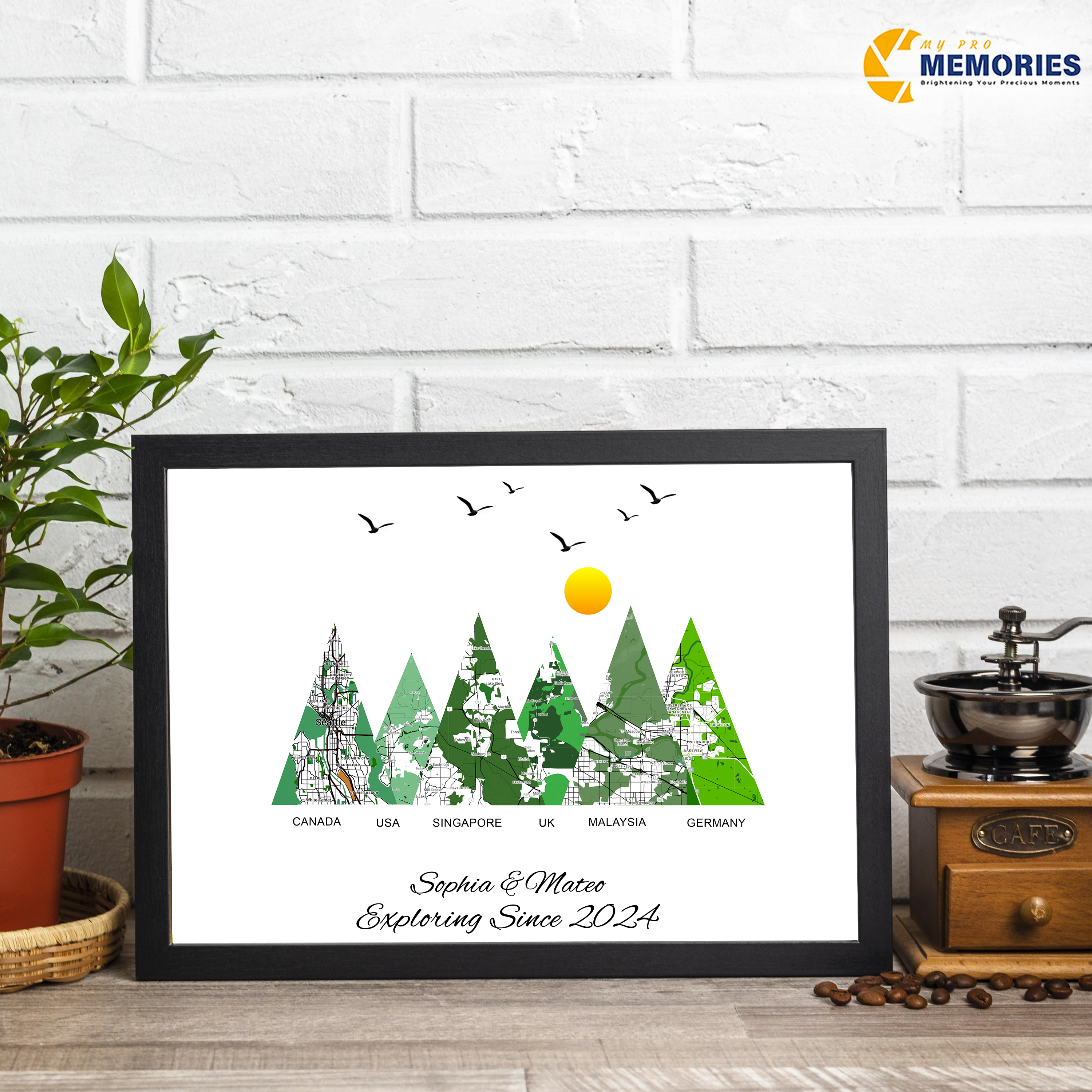 Personalised Framed Travel Map Poster – Custom Countries, Names & Date – Adventure Wall Art Gift for Couples