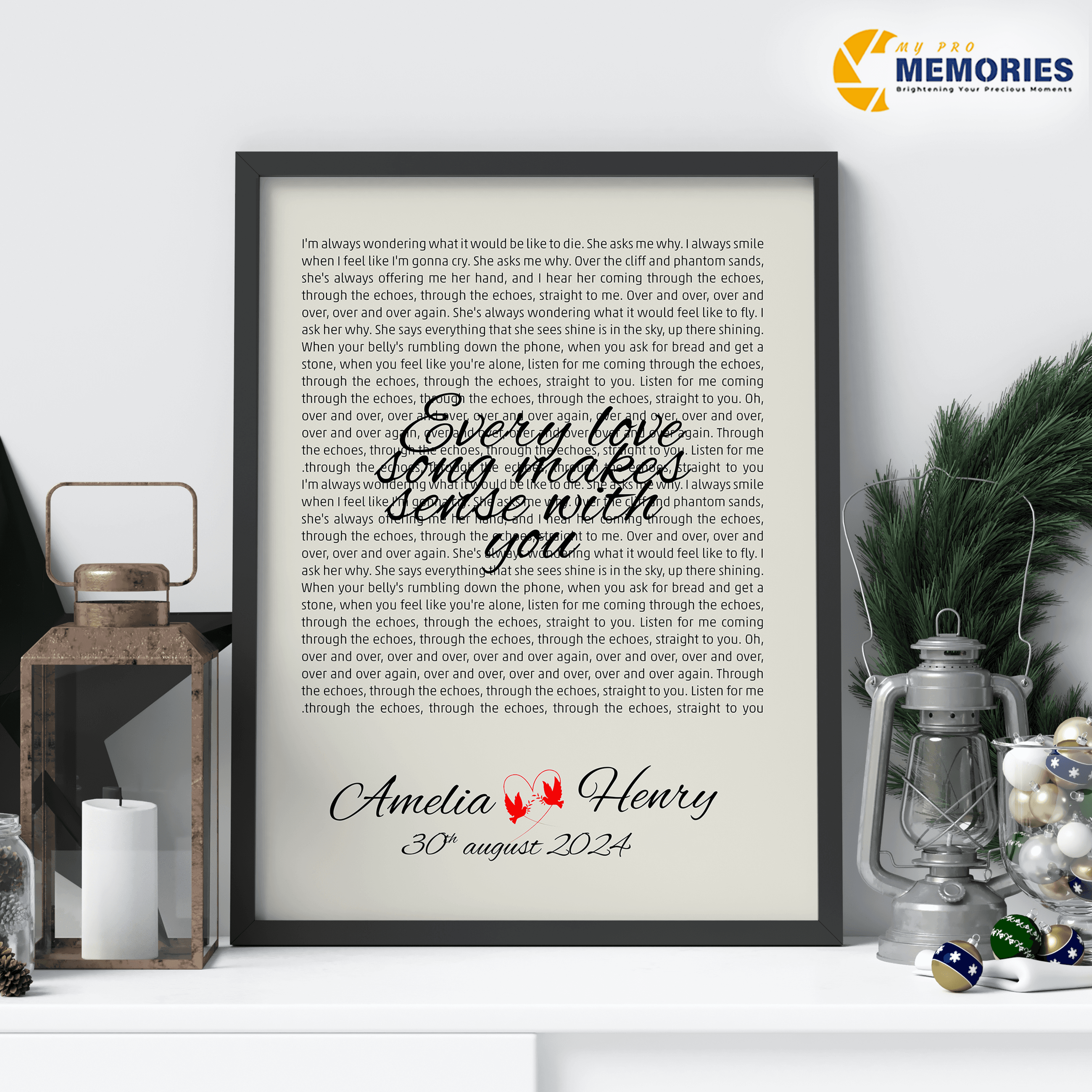 Personalised Song Lyrics Print with Frame – Custom Quote, Names & Date – Romantic Word Art Poster
