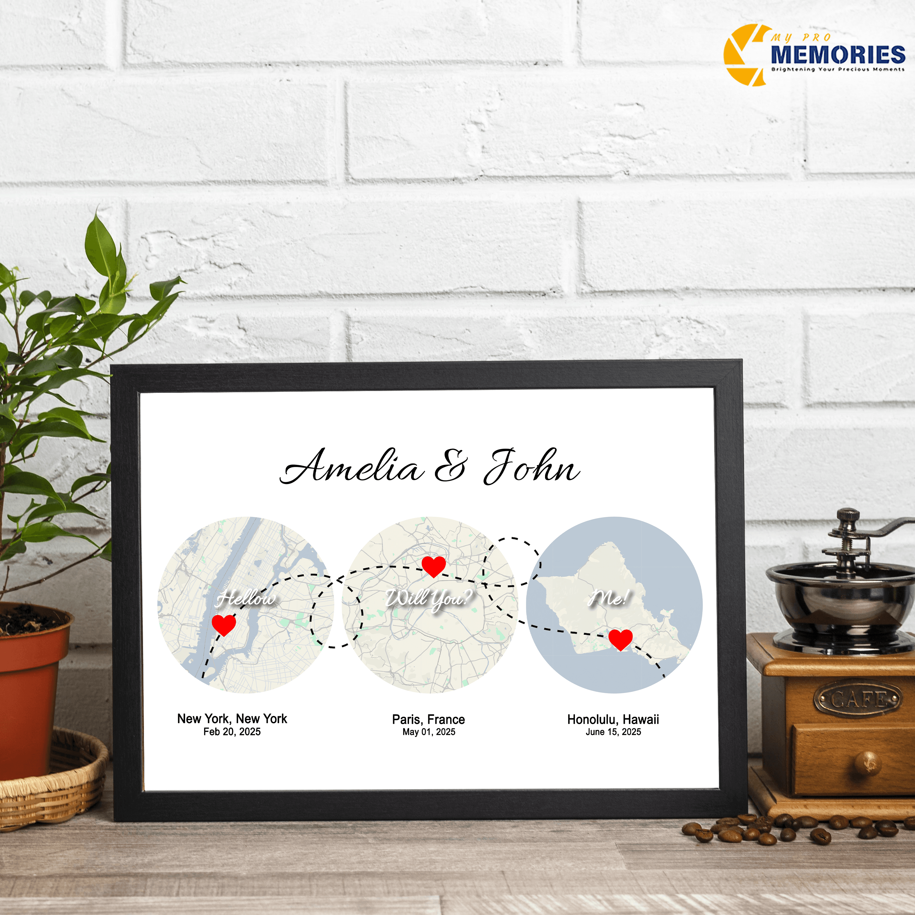 Custom contemporary 3 location map art, met engaged married home