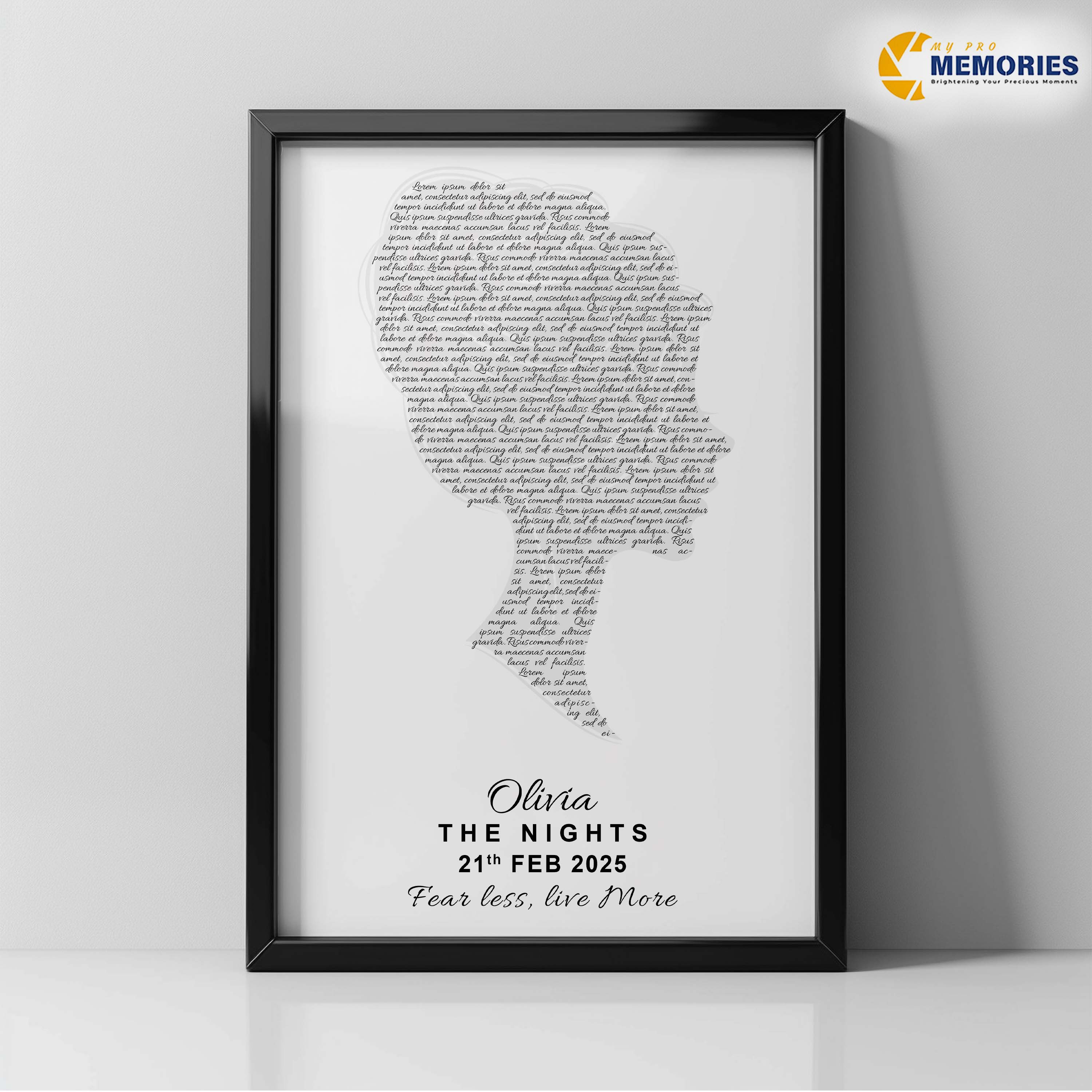 Personalised Silhouette Word Art Print with Frame – Custom Text, Name & Date – Unique Gift Idea