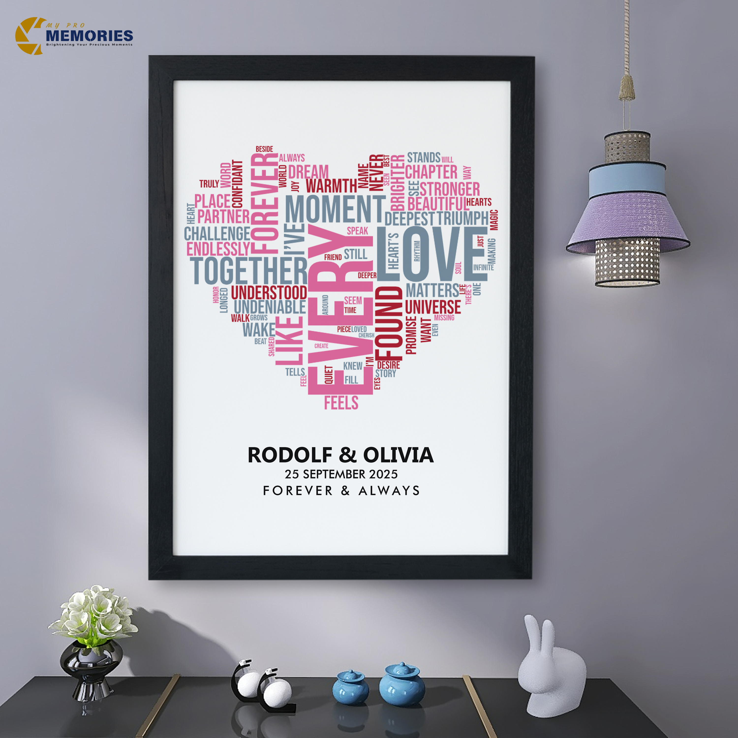 Personalised Word cloud Heart shaped Family Framed Print Wall