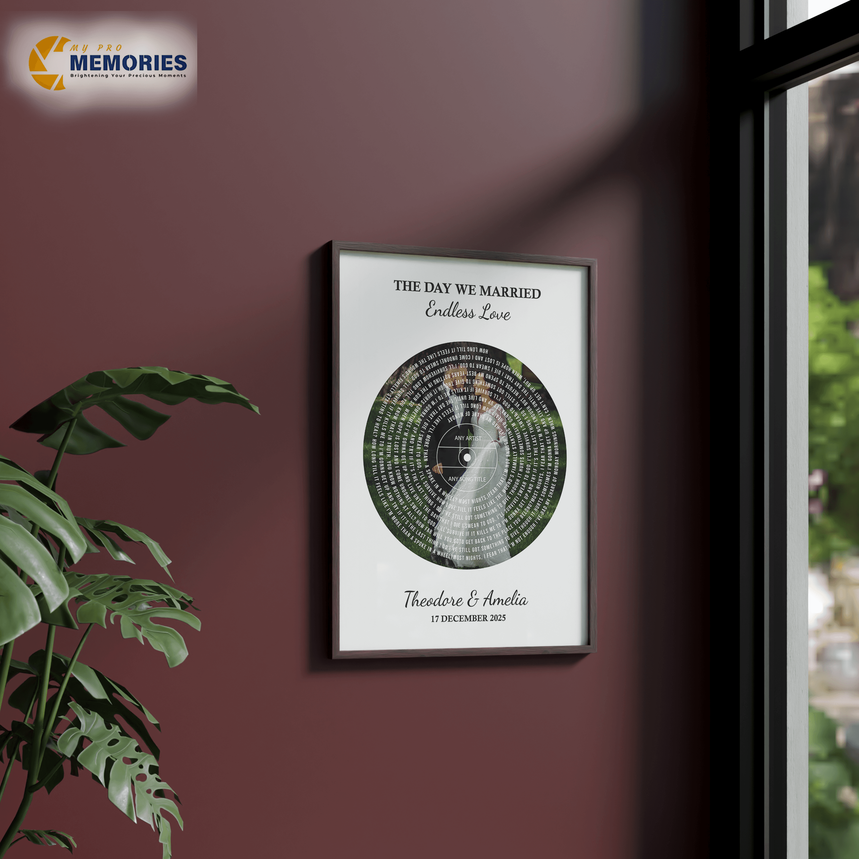 Personalised Wedding Song Lyrics Vinyl Poster with Photo – Custom Names, Date & Song