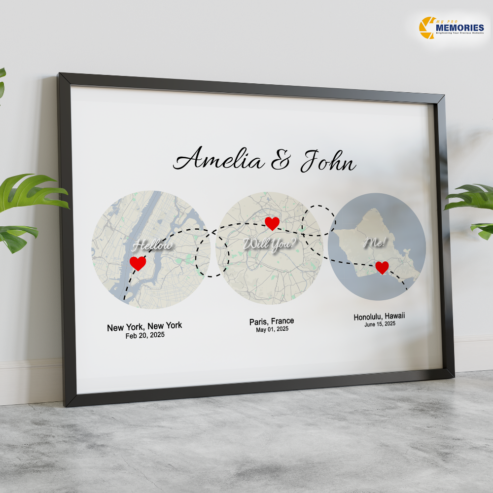 Custom contemporary 3 location map art, met engaged married home