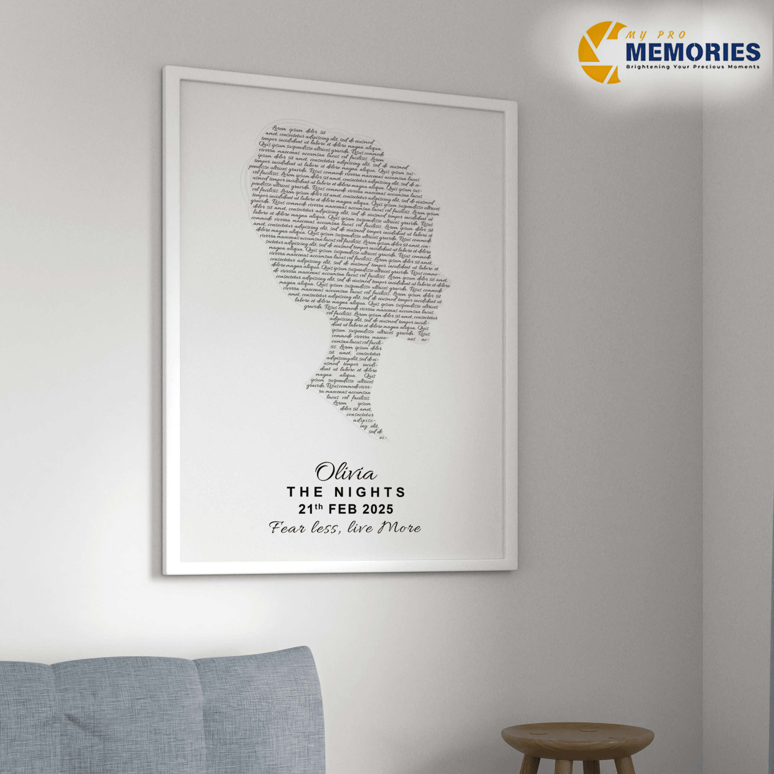 Personalised Silhouette Word Art Print with Frame – Custom Text, Name & Date – Unique Gift Idea