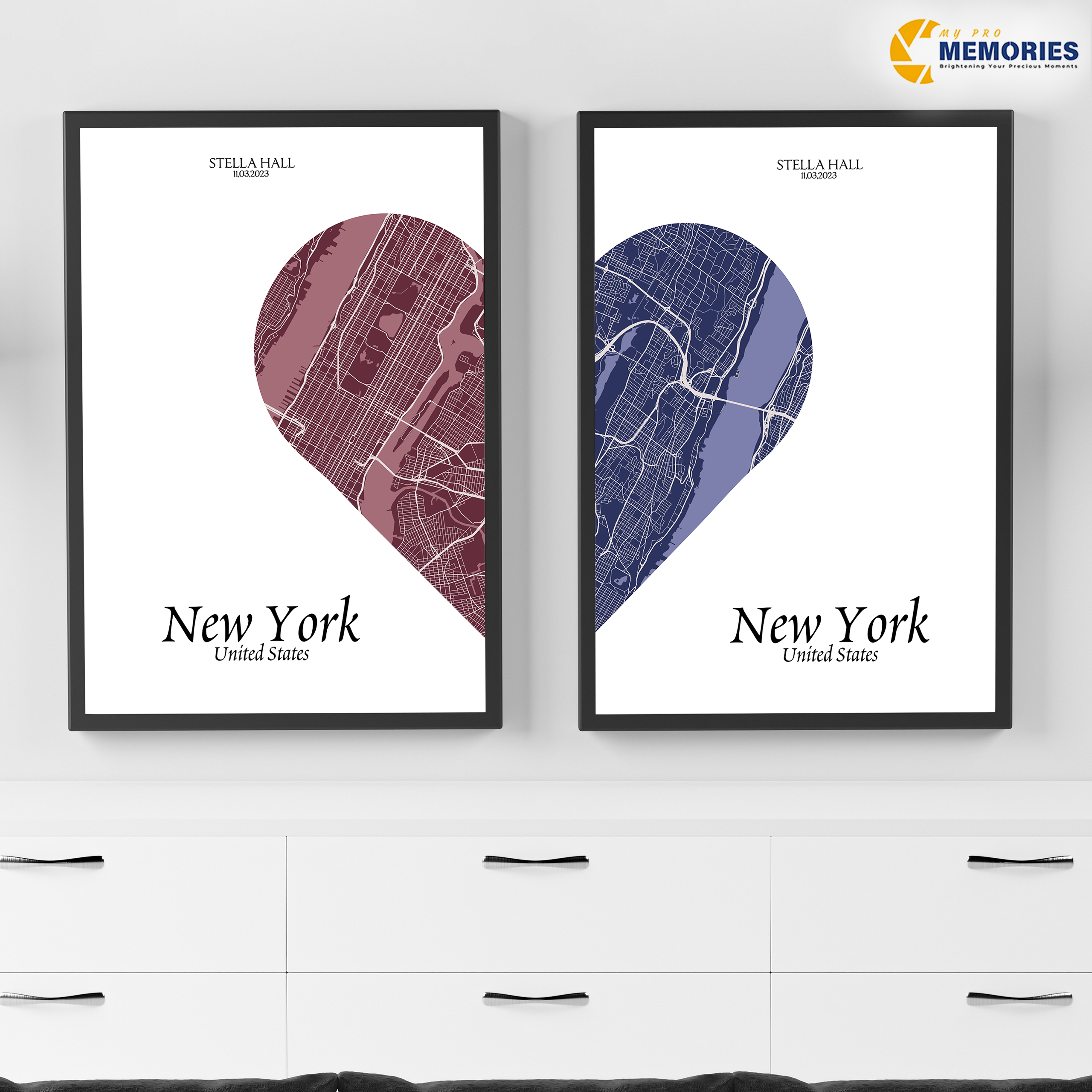 Customised Split Heart Map Art Print, Long Distance Relationship Gift, UK Shipping