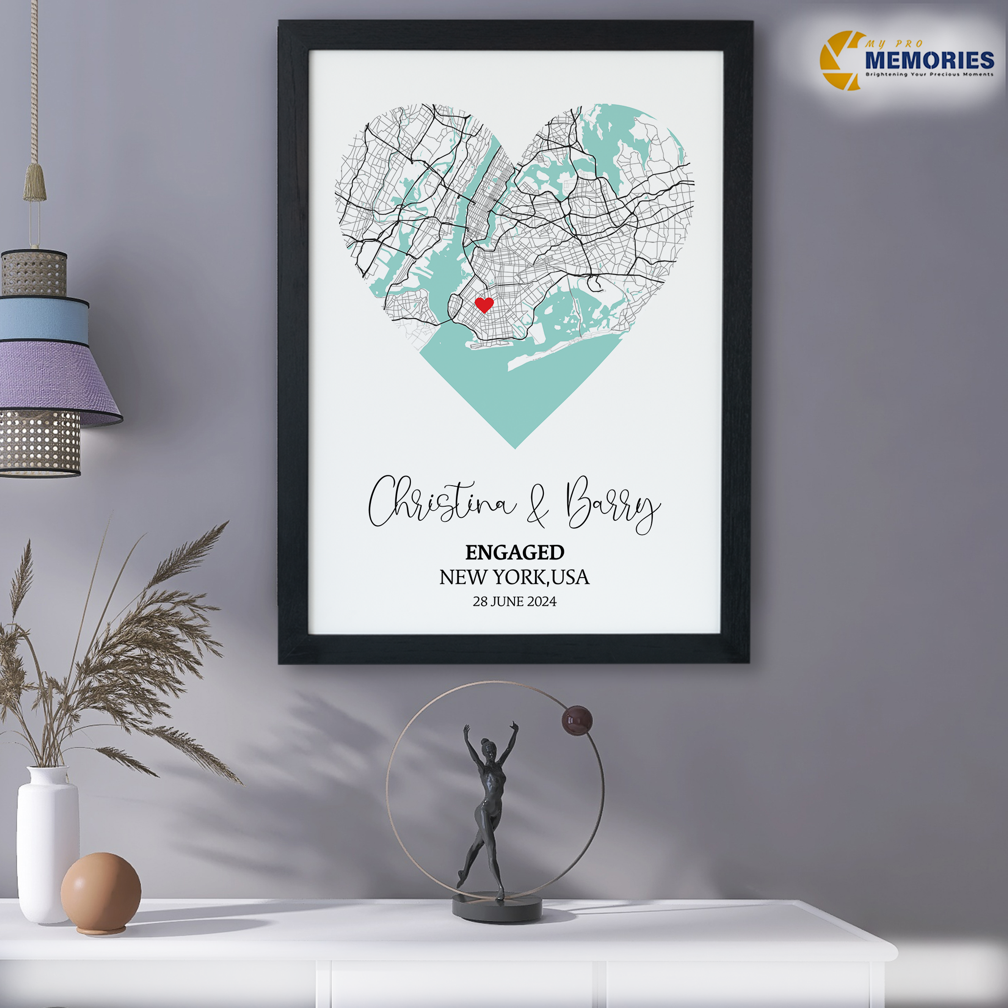 Personalized Heart Map Frame – New York Engagement Print