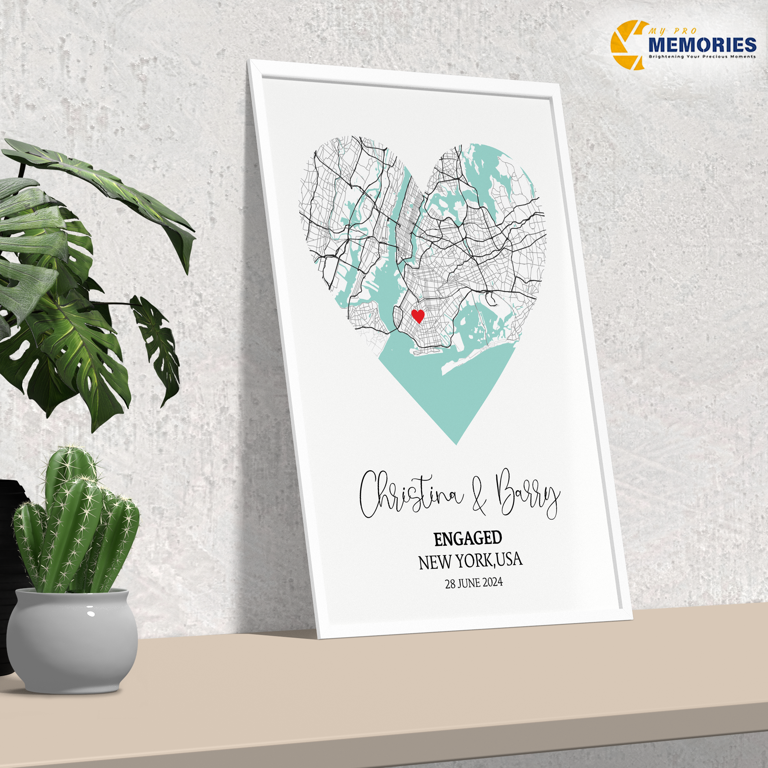 Personalized Heart Map Frame – New York Engagement Print